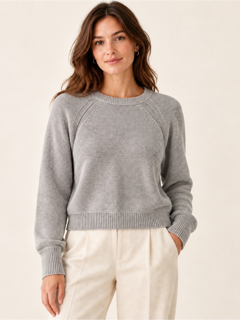 French Connection 100% Cotton Textured Knit Sweater Gray Greige Crewneck Size S